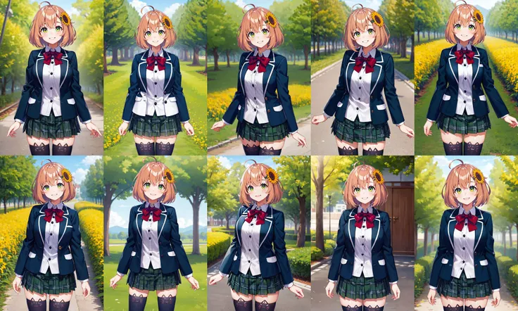masterpiece, best quality, highres, aahimawari, short hair, ahoge, hair flower, school uniform, red bowtie, collared shirt, blazer, blue jacket, open jacket, long sleeves, plaid skirt, green skirt, black thighhighs, <lora:honma_himawari_v1:0.7>, standing, cowboy shot, outdoors, smile