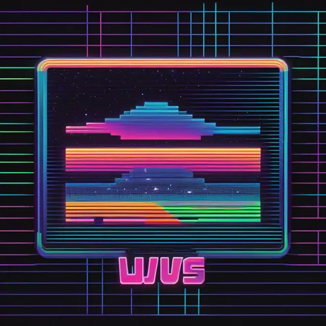 a scan of a logo printed on a VHS : 2, Retro VHS logo with glitched-out neon letters spelling out "Cosmic Wave," set against a grid background reminiscent of pixel art, a nod to the 90s gaming culture; glitch:2.0, neon:1.5, pixel art:1.3.<lora:VHS_Style:1>