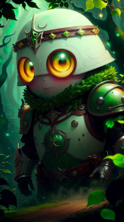 <lora:MinionStyle:1.25> MinionStyle White Style-GravityMagic, portrait, solo, half shot, looking down, detailed background, detailed face, (<lora:BohoAI:0.6>, bohoai, boho theme:1.1) glowing eyes, green-defender, wooden armor, harmony of leaves with armor, scaled armor, walking, tranquil, tree runes, lit-up green magical runes etched in armor, plant overgrowth, lush ivy in background, fog, shadowy backdrop, magical atmosphere,, (Masterpiece:1.3) (best quality:1.2) (high quality:1.1)