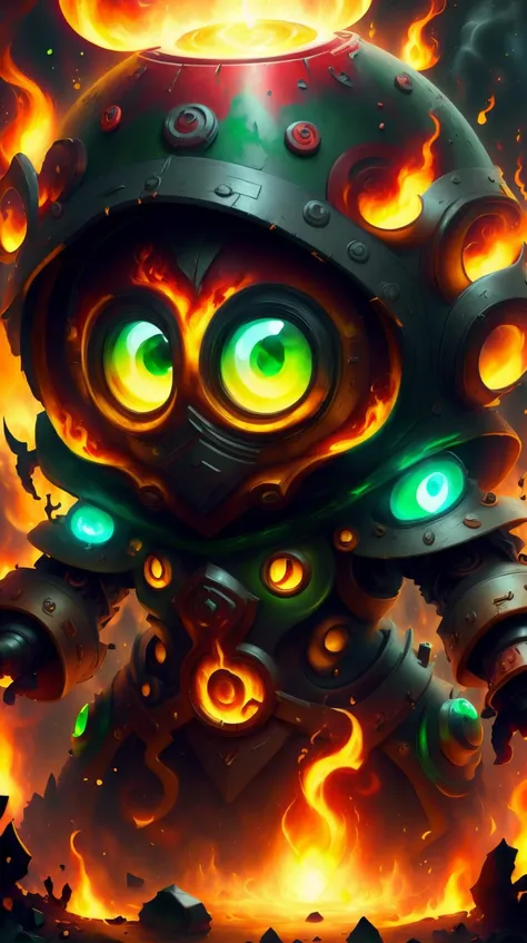 <lora:MinionStyle:1.25> MinionStyle Green Style-GravityMagic, portrait, solo, (full body:0.6), looking down, detailed background, detailed face, (<lora:ElementalMagicAIv2:0.6>, fireMagicAI theme:1.1),  prophet of the armageddon, bittersweet sorrow, wearing detailed robes, hooded,fiery surrounded by sinister magic, apocalypse, acid swirling all around, dimensional rifts appearing, floating particles, arcane glyphs, earth erupting, mountains collapsing,   ancient religious prophecy fulfilled, scorched earth in background, sinister smoke, apocalyptic atmosphere, , (Masterpiece:1.3) (best quality:1.2) (high quality:1.1)