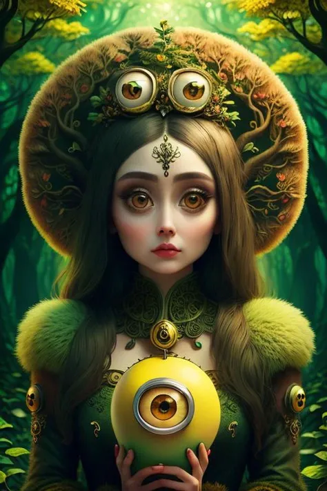 woman in a mythical forest, masterpiece, perfect face, intricate details, horror theme <lora:MinionStyle:1> minionstyle, minion, big round eyes