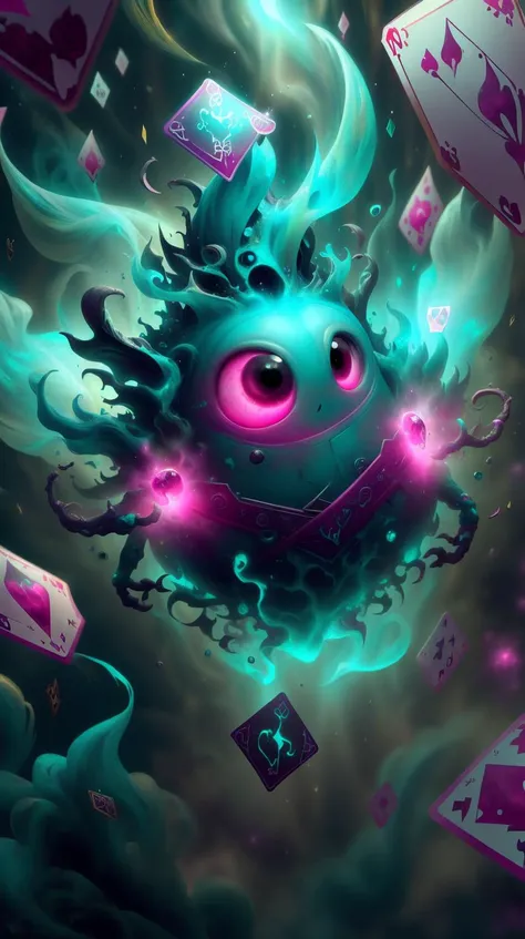 <lora:MinionStyle:1.25> MinionStyle Teal   solo, upper body, detailed background, detailed face, (<lora:EntropyMagic:0.6> fantasy, dissolving, decay, entropymagic theme:1.1), wide smile,  (card-wizard:1.05), swindler, Fuchsia magician outfit, dynamic pose, (cards floating in the air:1.15), glowing magical symbols, colorful ribbons in background, updraft, ethereal atmosphere,, (Masterpiece:1.3) (best quality:1.2) (high quality:1.1)