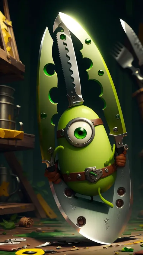 <lora:MinionStyle:1.25> MinionStyle Green Knife, (Masterpiece:1.3) (best quality:1.2) (high quality:1.1)