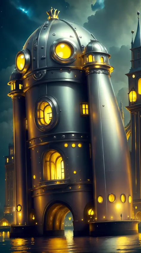 <lora:MinionStyle:1.25> MinionStyle Silver tower bridge magnificently illuminated overlooking Thames in London night, (Masterpiece:1.3) (best quality:1.2) (high quality:1.1)