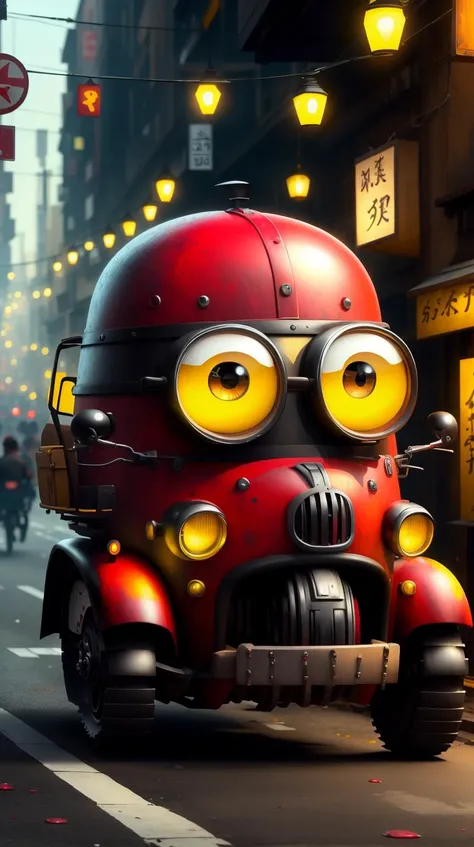 <lora:MinionStyle:1.25> MinionStyle Black a red motorized rickshaw navigating through bustling market alleys, (Masterpiece:1.3) (best quality:1.2) (high quality:1.1)