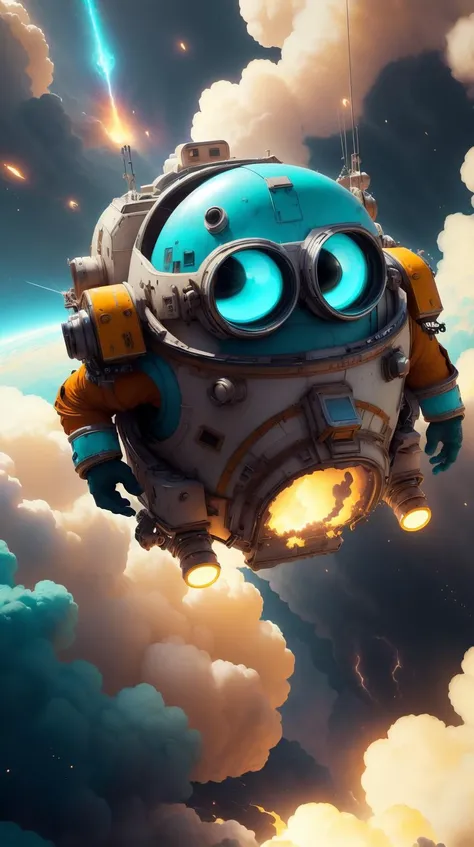 <lora:MinionStyle:1.25> MinionStyle Turquoise burning astronaut falling through the majestic clouds of jupiter, by cedric peyravernay and feng zhu, highly detailed, excellent composition, cinematic concept art, dramatic lighting, trending on artstation, (Masterpiece:1.3) (best quality:1.2) (high quality:1.1)