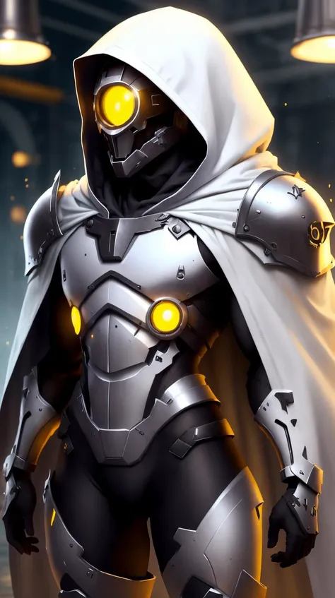 <lora:MinionStyle:1.25> MinionStyle Taskmaster dark modern soldier suit with light details. White cape and skeleton face mask. Head covered by hoodie and cape, (Masterpiece:1.3) (best quality:1.2) (high quality:1.1)