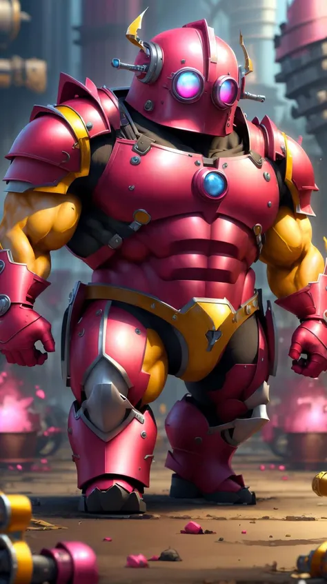 <lora:MinionStyle:1.25> MinionStyle Magenta Juggernaut Huge muscle guy with a red armor, covering body and head, fist, shoes and knuckles in red, (Masterpiece:1.3) (best quality:1.2) (high quality:1.1)