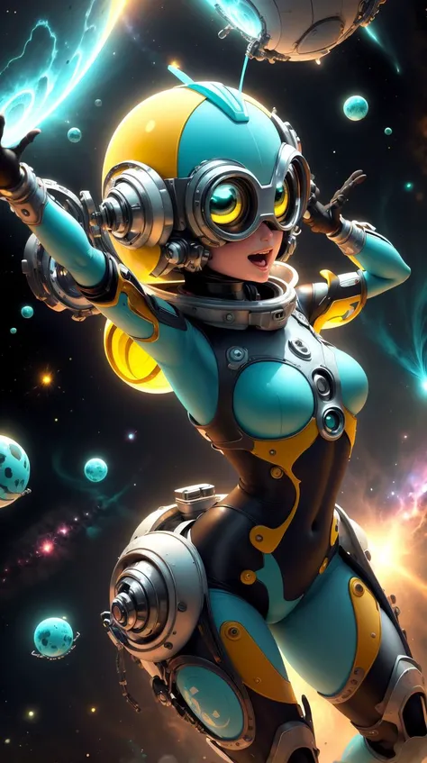 <lora:MinionStyle:1.25> MinionStyle Teal cinematic render of chrome spacesuits protect the jovial dancing nudibranch princess from certain doom as the planet they orbit sends elastic neuronal nets attack them, tristan eaton, victo ngai, roy lichtenstein, maxfield parrish, artgerm, koons, ryden, intricate details, 3 / 4 view, space scene, black background, contemporary art, (Masterpiece:1.3) (best quality:1.2) (high quality:1.1)