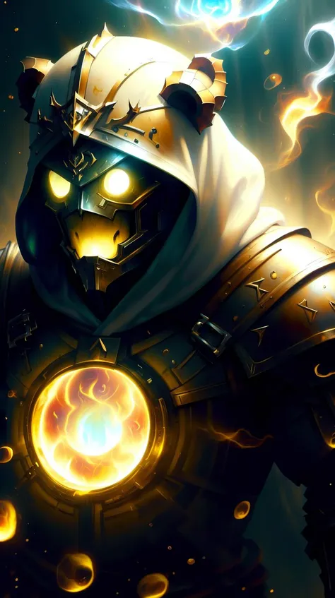 <lora:MinionStyle:1.25> MinionStyle White Style-GravityMagic, solo, half shot, looking down, detailed background, detailed face, (<lora:1001ArabianNightsV3:0.6>, 1001ArabianNights theme:1.1), brooding, witcher, monster slayer, wearing Gold light witcher armor, rough, bloodstains, cloak bear witcher symbol, dynamic pose, magic-infused, explosions in background, fog, intense anticipation, dust particles, backlighting, mysterious atmosphere,, (Masterpiece:1.3) (best quality:1.2) (high quality:1.1)