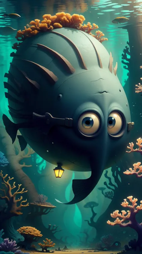 <lora:MinionStyle:1.25> MinionStyle Indigo prehistoric fish hiding among the skeletal remains of an ancient coral reef, (Masterpiece:1.3) (best quality:1.2) (high quality:1.1)