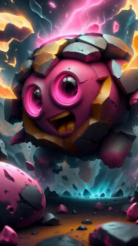 <lora:MinionStyle:1.25> MinionStyle Magenta (style-swirlmagic:0.8),  solo, (full body:0.6), detailed background, detailed face, (<lora:StonepunkAI:0.8>, stonepunkAI, stone theme:1.1)  primal fury, (mouth open:0.65), primal fiery  warrior, [heavy armor:molten rock:2], covered in molten rock,   lava,       obsidian in background,   cinematic cataclysmic atmosphere,, (Masterpiece:1.3) (best quality:1.2) (high quality:1.1)