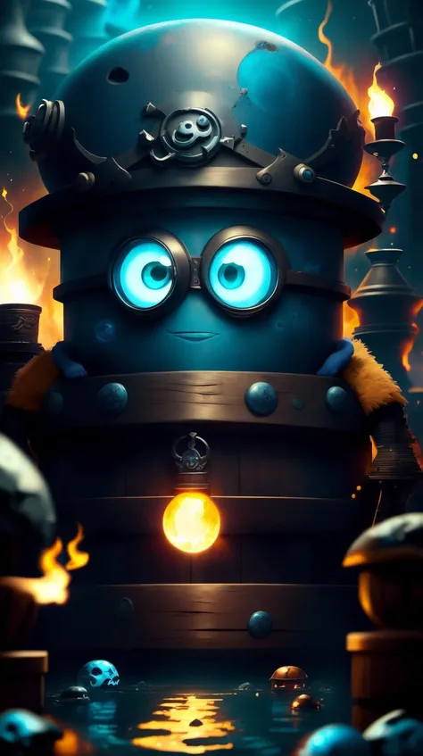 <lora:MinionStyle:1.25> MinionStyle Blue Style-GravityMagic, focus on character, portrait, (battlescars:0.7), looking at viewer, solo, half shot, detailed background, (<lora:SteamPunkBundleV3:0.5>, CoalPunkAI, coal-powered theme:1.1), outlaw, rich pirate captain outfit, eyepatch, enchanted pendant, determined, sypglass, dark pirate cave, shallow water, skulls, wooden crates, cinematic atmosphere,, (Masterpiece:1.3) (best quality:1.2) (high quality:1.1)