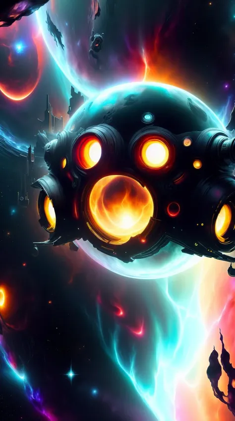 <lora:MinionStyle:1.25> MinionStyle Red Style-GravityMagic, portrait, solo, half shot, looking at viewer, detailed background, detailed face, (<lora:AbyssalTech:0.7>, dark energy,    abyss, scifi, abyssaltech theme:1.1) (glowing eyes:1.05), starfarer, star sign, horoscope, dynamic pose, benign, virgo, esoteric geometric symbolism, astral energy, galaxies, bright rainbow lights, glow,   weightlessness, floating particles, stardust, backlighting, cosmic space background,  ethereal atmosphere,, (Masterpiece:1.3) (best quality:1.2) (high quality:1.1)