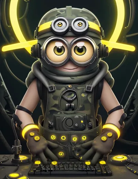 MinionStyle, Ample Implement, Cable Clips,Lighted Keyboards,Safety Gloves,Warning Signs,Illuminated Buttons,Bushings, Camouflage, Satin, , 8K, <lora:MinionStyle:0.8>