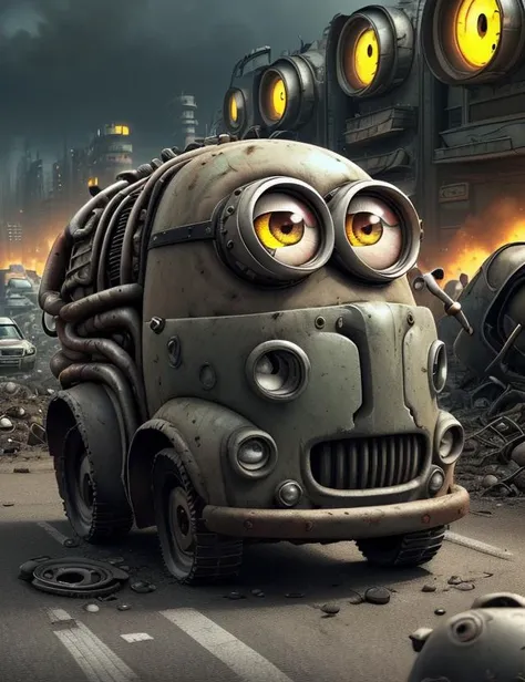 MinionStyle, Post-apocalyptic Wasteland Traffic Jam,Decomposing Matter, 8K, <lora:MinionStyle:0.8>