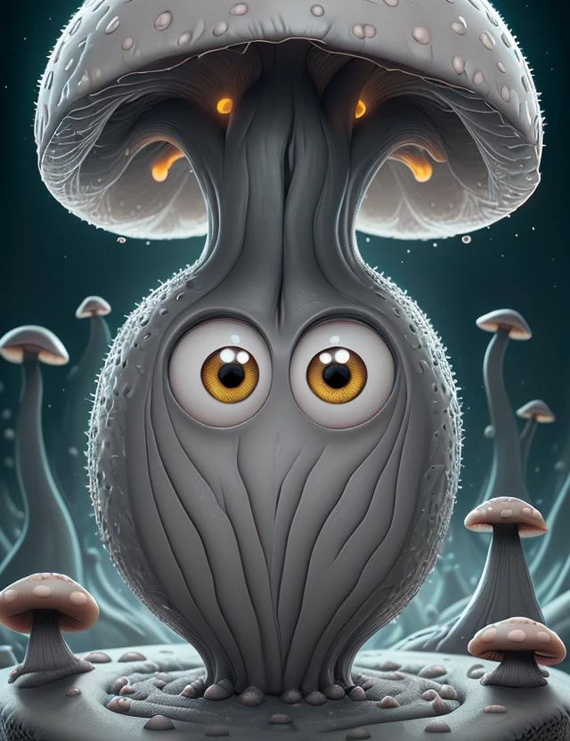 MinionStyle, Ash Gray Jumbo Flat Ribbed mushroom, Pebbly, Flaky, Fungal Hyphae Surrounding Root Cells, Fenland, Single, Pendent Hymenium,,Radially Arranged Pores, , 8K, <lora:MinionStyle:0.8>