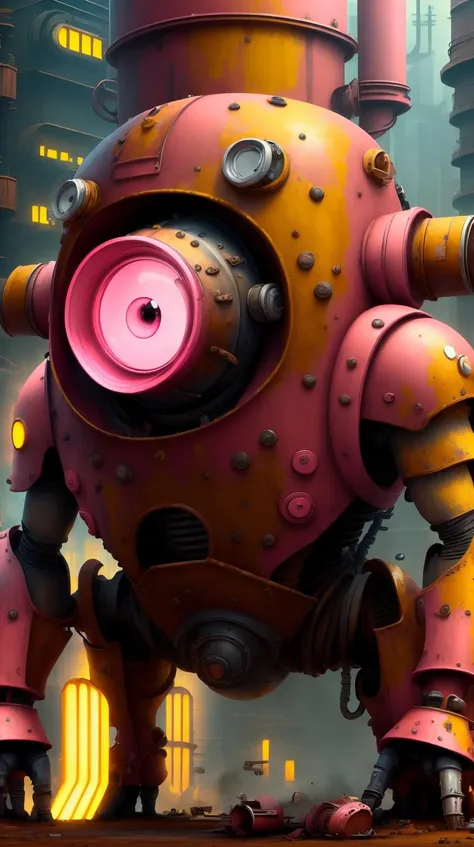 <lora:MinionStyle:1.25> MinionStyle Pink portrait, solo, (full body:0.6), looking down, detailed background, detailed face, (dystopian futuristic theme:1.1), rust-warrior, rusty armor, rusted iron, rusted metal, (rusty:1.05), brown rust, corroded, dented, dirt, made of rust, fully rusted, stoic expression, rust in background, low light, shadows, cinematic atmosphere,, (Masterpiece:1.3) (best quality:1.2) (high quality:1.1)