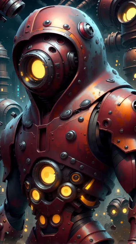 <lora:MinionStyle:1.25> MinionStyle Maroon solo, upper body, looking at viewer, detailed background, detailed face, (<lora:OxideTech:0.6>, rusty steel, oxidetech theme:1.1) calm, ethereal glowing eyes, emissary of death, hooded, dynamic pose, reaper, omen, decay, floating particles, ruin in background, fog, wind, mysterious lighting, sinister dark atmosphere,, (Masterpiece:1.3) (best quality:1.2) (high quality:1.1)