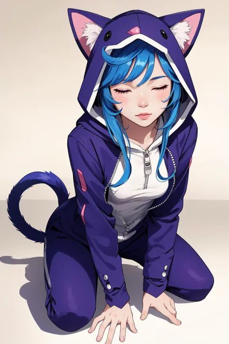 (masterpiece, best quality),  intricate details,
1girl,  <lora:wooflamp:0.8> wooflamp, small breasts, pink eyes, blue hair,purple suit,closed eyes,hood, closed eyes, neon eyes, zipper closed, tail cat, (face shadow:1.2)