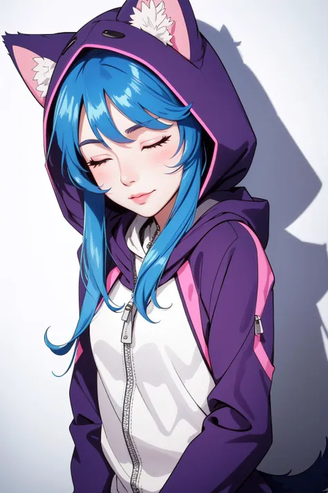 (masterpiece, best quality),  intricate details,
1girl,  <lora:wooflamp:0.8> wooflamp, small breasts, pink eyes, blue hair,purple suit,closed eyes,hood, closed eyes, neon eyes, zipper closed, tail cat, (face shadow:1.4)