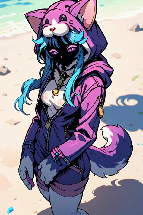 (masterpiece, best quality),  intricate details,
1girl,  <lora:wooflamp:1>wooflamp, small breasts, pink eyes, blue hair,purple suit,closed eyes,hood, closed eyes, neon eyes, zipper closed, tail cat,((full mask)), shadow,