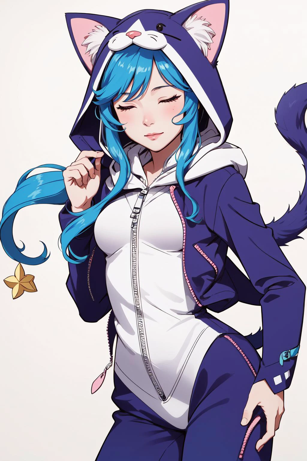 (masterpiece, best quality), intricate details,
1girl, <lora:wooflamp:0.8> wooflamp, small breasts, pink eyes, blue hair,purple suit,closed eyes,hood, closed eyes, neon eyes, zipper closed, tail cat,
