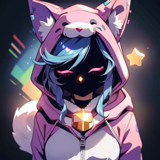 (((masterpiece))), 4k res, highly detailed, (((extremely detailed eyes))), detailed background, cinematic lighting, high quality, best quality, 4k, super detailed,focus sharp,RTX, 8K, beautiful face, 1girl, <lora:wooflamp:0.8> wooflamp, small breasts, pink eyes, blue hair,purple suit,closed eyes,hood, closed eyes, neon eyes, zipper closed, tail cat,((full mask)),Niji Pride, <lora:nijipride:1>