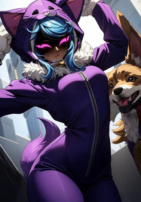 (((masterpiece))), 4k res, highly detailed, (((extremely detailed eyes))), detailed background, cinematic lighting, high quality, best quality, 4k, super detailed,focus sharp,RTX, 8K, beautiful face, 1girl, <lora:wooflamp:0.8> wooflamp, small breasts, pink eyes, blue hair,purple suit,closed eyes,hood, closed eyes, neon eyes, zipper closed, tail cat,((full mask)) , 1dog, animal, hugging dog, hood up, <lora:add_detail:1>,