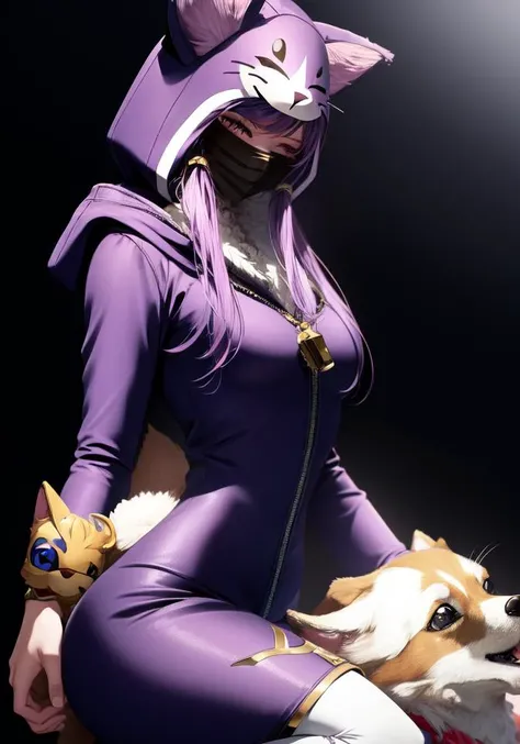 (((masterpiece))), 4k res, highly detailed, (((extremely detailed eyes))), detailed background, cinematic lighting, high quality, best quality, 4k, super detailed,focus sharp,RTX, 8K, beautiful face, 1girl, <lora:wooflamp:0.8> wooflamp, small breasts, pink eyes, blue hair,purple suit,closed eyes,hood, closed eyes, neon eyes, zipper closed, tail cat,((full mask)) , 1dog, animal, <lora:add_detail:1>,