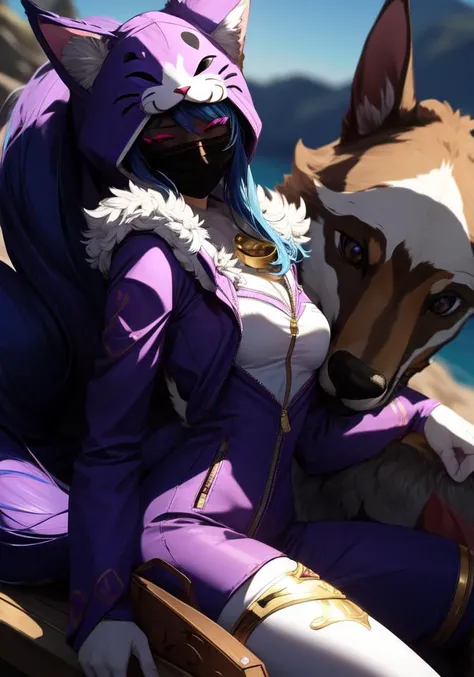 (((masterpiece))), 4k res, highly detailed, (((extremely detailed eyes))), detailed background, cinematic lighting, high quality, best quality, 4k, super detailed,focus sharp,RTX, 8K, beautiful face, 1girl, <lora:wooflamp:0.8> wooflamp, small breasts, pink eyes, blue hair,purple suit,closed eyes,hood, closed eyes, neon eyes, zipper closed, tail cat,((full mask)) , 1dog, animal, <lora:add_detail:1>,