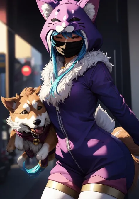 (((masterpiece))), 4k res, highly detailed, (((extremely detailed eyes))), detailed background, cinematic lighting, high quality, best quality, 4k, super detailed,focus sharp,RTX, 8K, beautiful face, 1girl, <lora:wooflamp:0.8> wooflamp, small breasts, pink eyes, blue hair,purple suit,closed eyes,hood, closed eyes, neon eyes, zipper closed, tail cat,((full mask)) , 1dog, animal, hugging dog, <lora:add_detail:1>,