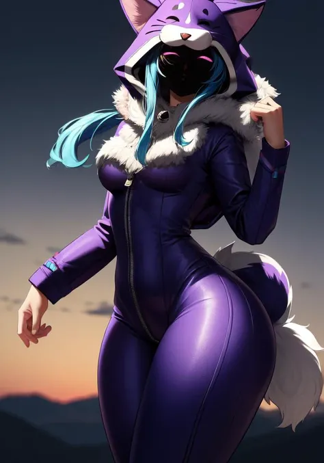 (((masterpiece))), 4k res, highly detailed, (((extremely detailed eyes))), detailed background, cinematic lighting, high quality, best quality, 4k, super detailed,focus sharp,RTX, 8K, beautiful face, 1girl, <lora:wooflamp:0.8> wooflamp, small breasts, pink eyes, blue hair,purple suit,closed eyes,hood, closed eyes, neon eyes, zipper closed, tail cat,((full mask)) , 1dog, animal, hugging dog, hood up, <lora:add_detail:1>,