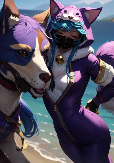 (((masterpiece))), 4k res, highly detailed, (((extremely detailed eyes))), detailed background, cinematic lighting, high quality, best quality, 4k, super detailed,focus sharp,RTX, 8K, beautiful face, 1girl, <lora:wooflamp:0.8> wooflamp, small breasts, pink eyes, blue hair,purple suit,closed eyes,hood, closed eyes, neon eyes, zipper closed, tail cat,((full mask)) , 1dog, animal, hugging dog, <lora:add_detail:1>,