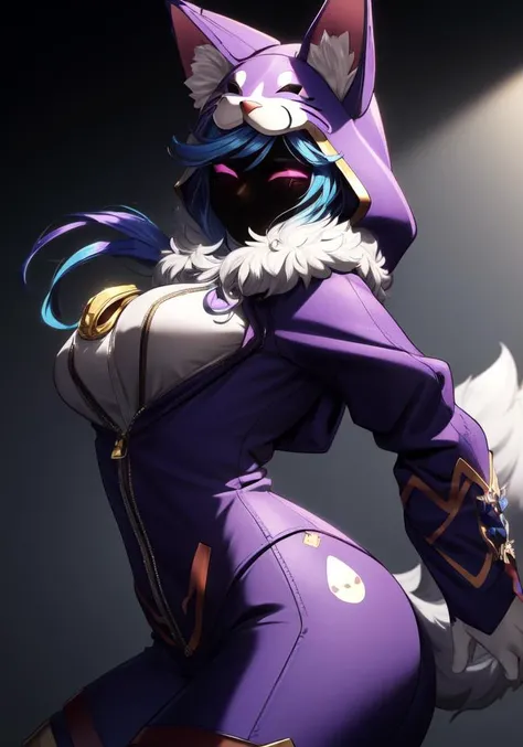 (((masterpiece))), 4k res, highly detailed, (((extremely detailed eyes))), detailed background, cinematic lighting, high quality, best quality, 4k, super detailed,focus sharp,RTX, 8K, beautiful face, 1girl, <lora:wooflamp:0.8> wooflamp, small , pink eyes, blue hair,purple suit,closed eyes,hood, closed eyes, neon eyes, zipper closed, tail cat,((full mask)) , 1dog,  animal,    <lora:add_detail:1>,