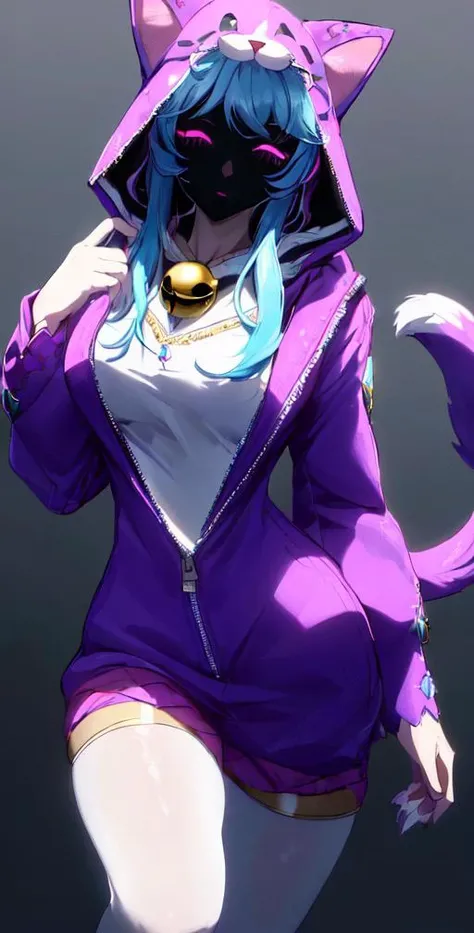 (((masterpiece))), 4k res, highly detailed, (((extremely detailed eyes))), detailed background, cinematic lighting, high quality, best quality, 4k, super detailed,focus sharp,RTX, 8K, beautiful face, wooflamp, (small breasts:0.6), pink eyes, blue hair, jacket purple,hood, closed eyes, neon eyes, tail cat, necklace with bell, <lora:wooflamp:1>