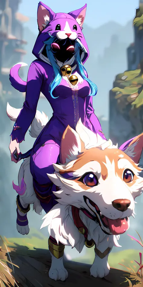 (((masterpiece))), 4k res, highly detailed, (((extremely detailed eyes))), detailed background, cinematic lighting, high quality, best quality, 4k, super detailed,focus sharp,RTX, 8K, beautiful face, wooflamp, small breasts, pink eyes, blue hair, purple clothes ,hood, closed eyes, neon eyes, tail cat, necklace with bell, satyr legs, BREAK, riding a dog, dog, <lora:wooflamp:1>