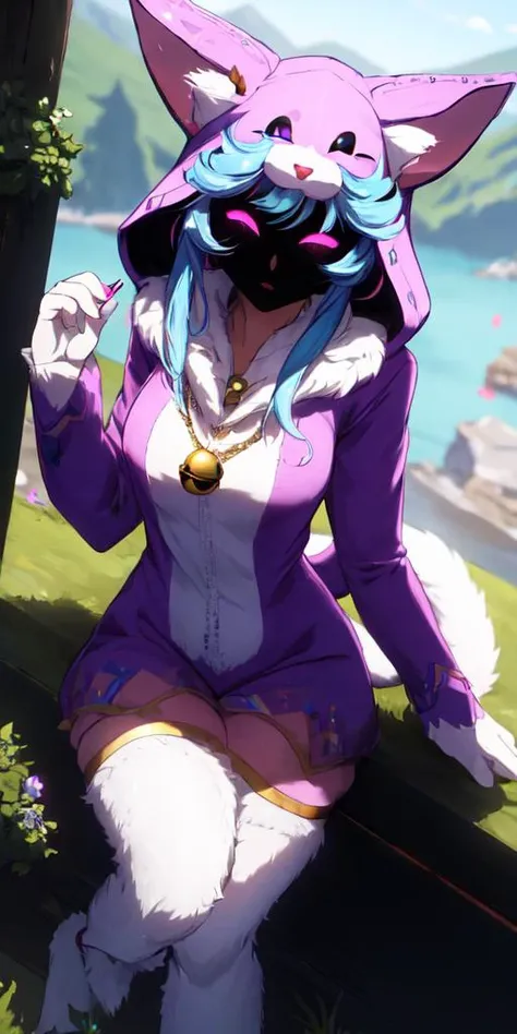 (((masterpiece))), 4k res, highly detailed, (((extremely detailed eyes))), detailed background, cinematic lighting, high quality, best quality, 4k, super detailed,focus sharp,RTX, 8K, beautiful face, wooflamp, small breasts, pink eyes, blue hair, purple clothes ,hood, closed eyes, neon eyes, tail cat, necklace with bell, satyr legs, <lora:wooflamp:1>