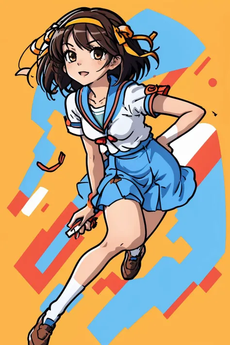 <lora:minimal_vector_style:0.8>, <lora:suzumiya_haruhi_v10:0.8>, 1girl, suzumiya haruhi, solo, kita high school uniform, blue sailor collar, blue skirt, brown hair, short hair, brown eyes, armband, hairband, medium hair, ribbon, socks, medium breasts, (masterpiece, best quality, high quality, highres, ultra-detailed),