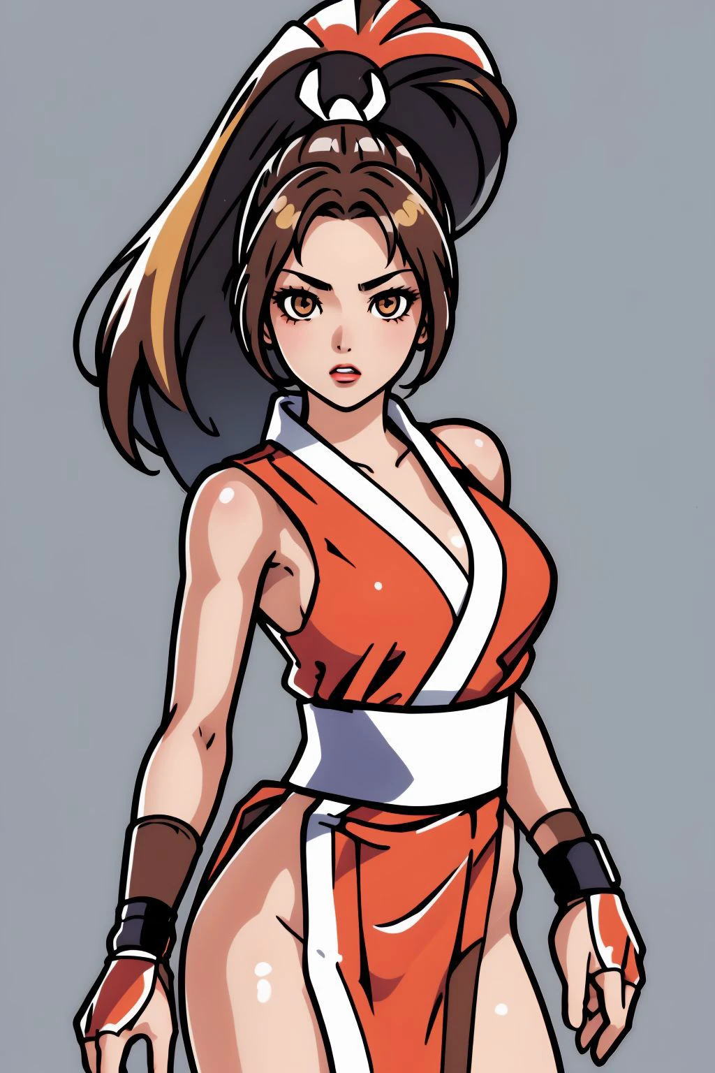 <lora:minimal_vector_style:0.8>, 1girl, looking at viewer, solo, <lora:shiranui maiV1:1>, shiranui mai, brown eyes, long hair, brown hair, white ribbon, sleeveless, ponytail, sash, pelvic curtain, arm guards, gloves, tabi, (masterpiece, best quality, high quality, highres, ultra-detailed),