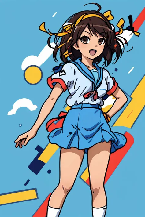 <lora:minimal_vector_style:0.8>, <lora:suzumiya_haruhi_v10:0.8>, 1girl, suzumiya haruhi, solo, kita high school uniform, blue sailor collar, blue skirt, brown hair, short hair, brown eyes, armband, hairband, medium hair, ribbon, socks, medium breasts, (masterpiece, best quality, high quality, highres, ultra-detailed),