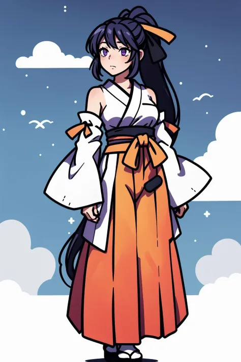 <lora:minimal_vector_style:1>, <lora:akane-01:1>, akane, 1girl, solo, long hair, skirt, large breasts, black hair, ribbon, very long hair, purple eyes, hair ribbon, ponytail, detached sleeves, japanese clothes, hakama, hakama skirt, miko, tabi, red hakama, purple hair,, (masterpiece, best quality, high quality, highres, ultra-detailed),