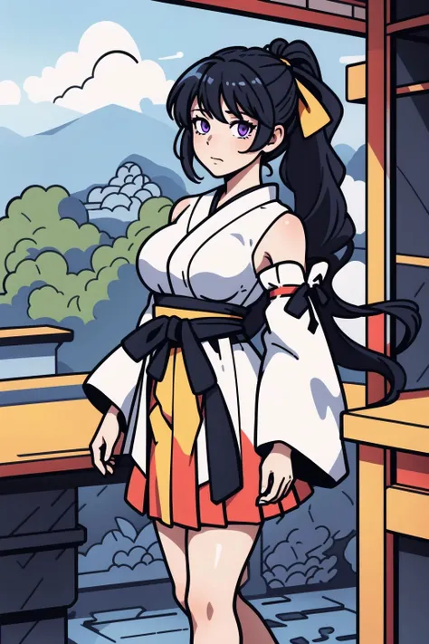 <lora:minimal_vector_style:1>, <lora:akane-01:1>, akane, 1girl, solo, long hair, skirt, large breasts, black hair, ribbon, very long hair, purple eyes, hair ribbon, ponytail, detached sleeves, japanese clothes, hakama, hakama skirt, miko, tabi, red hakama, masterpiece,, (masterpiece, best quality, high quality, highres, ultra-detailed),