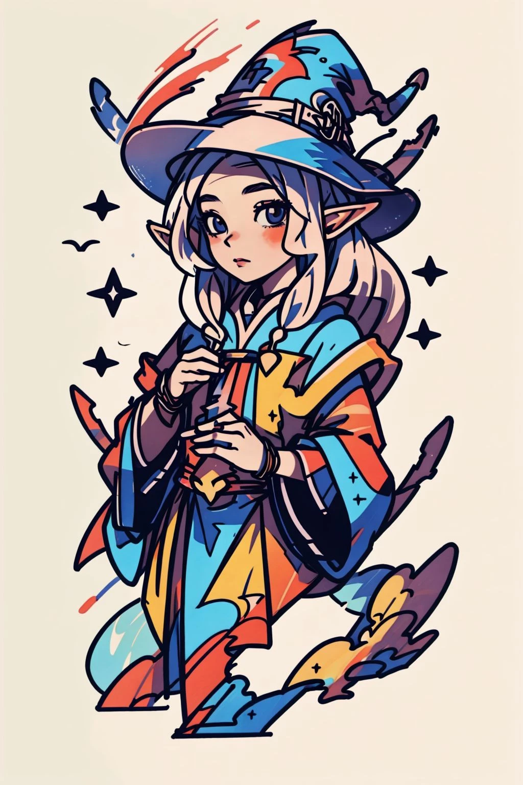 <lora:minimal_vector_style:1>, <lora:EnvyFantasyMix01:1>,wizard,1girl,sorceress, elf,, (masterpiece, best quality, high quality, highres, ultra-detailed),