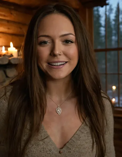 Haley Nicole, with her long, brown hair spilling over her shoulders like a waterfall of autumn leaves and expressive black eyes staring directly into the camera, sports a radiant smile that reveals her parted lips while wearing a necklace and ring as she stands by the stone hearth in their cozy cabin, gazing at the viewer amidst the warm, candle-lit glow and the serene, evergreen forest landscape outside. <lora:mzlopj18f4b1703acz5d3:1>
