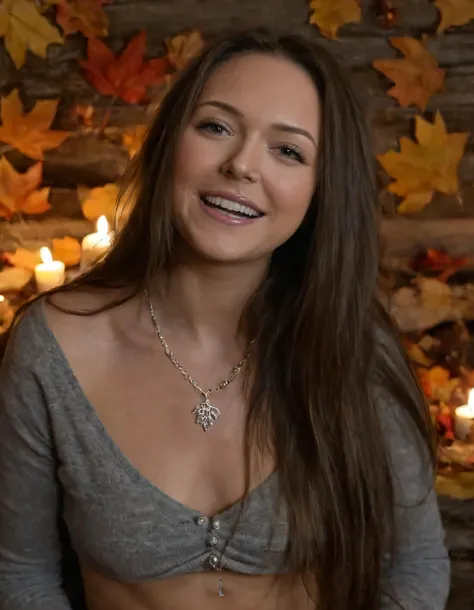 Amidst the cozy cabin filled with enchanting candlelight and earthy aromas, Haley Nicole, her long brown hair spilling over her shoulders in a waterfall of autumn leaves, poses as she gazes intently at the viewer, teeth baring just a hint of her signature grin, revealing parted lips that accentuate her black eyes as she subtly lifts a necklace and bracelet, while her fingers casually rest on her navel, and a charming smile plays across her face, showcasing the captivating beauty of this lone woman. <lora:mzlopj18f4b1703acz5d3:1>