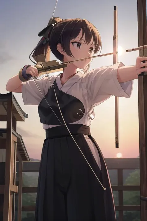 masterpiece, best quality,ultra detail,girl,sunset,ponytail,standing,small breasts,short sleeves,,bow and arrow,breast armor,target,aiming target,(muneate),hakama,japanese clothes,japanese dojo, <lora:kyudo_uniform:0.7> <lora:Saya-drawing bow:0.9>drawing bow