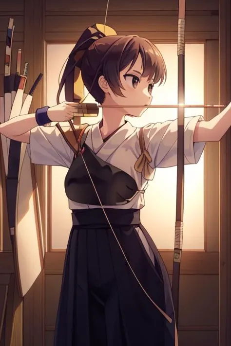 masterpiece, best quality,ultra detail,girl,sunset,ponytail,standing,small breasts,short sleeves,,bow and arrow,breast armor,target,aiming target,(muneate),hakama,japanese clothes,japanese dojo, <lora:kyudo_uniform:0.7> <lora:Saya-drawing bow:0.9>drawing bow