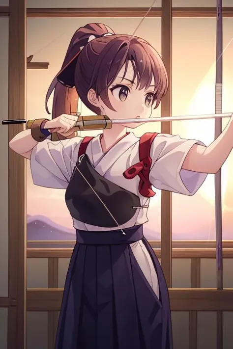 masterpiece, best quality,ultra detail,girl,sunset,ponytail,standing,small breasts,short sleeves,,bow and arrow,breast armor,target,aiming target,(muneate),hakama,japanese clothes,japanese dojo, <lora:kyudo_uniform:0.7> <lora:Saya-drawing bow:0.9>drawing bow
