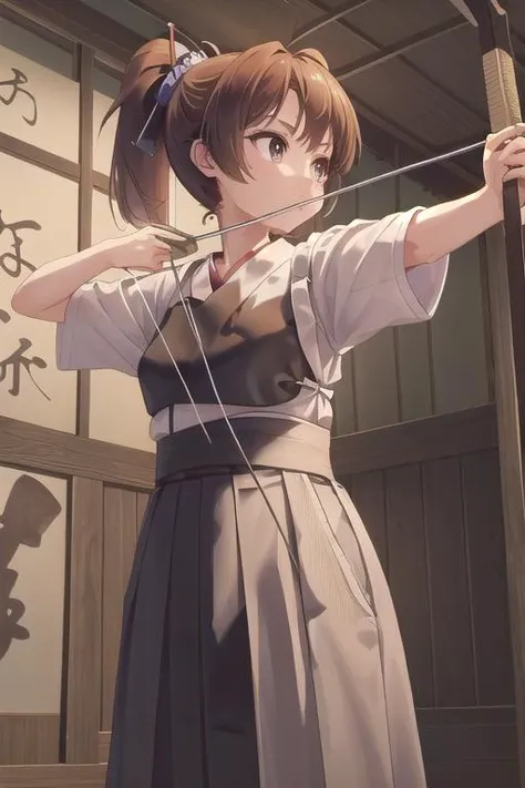masterpiece, best quality,ultra detail,girl,sunset,ponytail,standing,small breasts,short sleeves,,bow and arrow,breast armor,target,aiming target,(muneate),hakama,japanese clothes,japanese dojo, <lora:kyudo_uniform:0.7> <lora:Saya-drawing bow:0.9>drawing bow